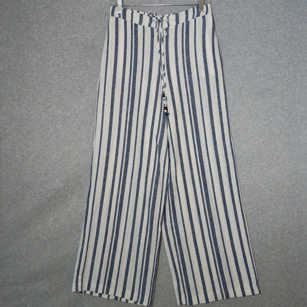 Versona Blue White Striped Linen Rayon Wide Leg Pull On Pants S Beach Coastal